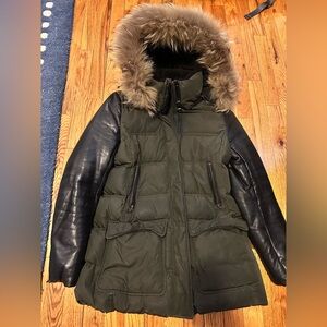 Mackage Olive Green Puffer Coat with Black Leather Sleeves and Fur-Trim Hood